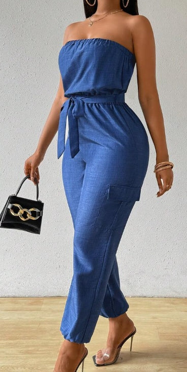 Women's Summer Casual Denim-Look Strapless Jumpsuit With Utility Design